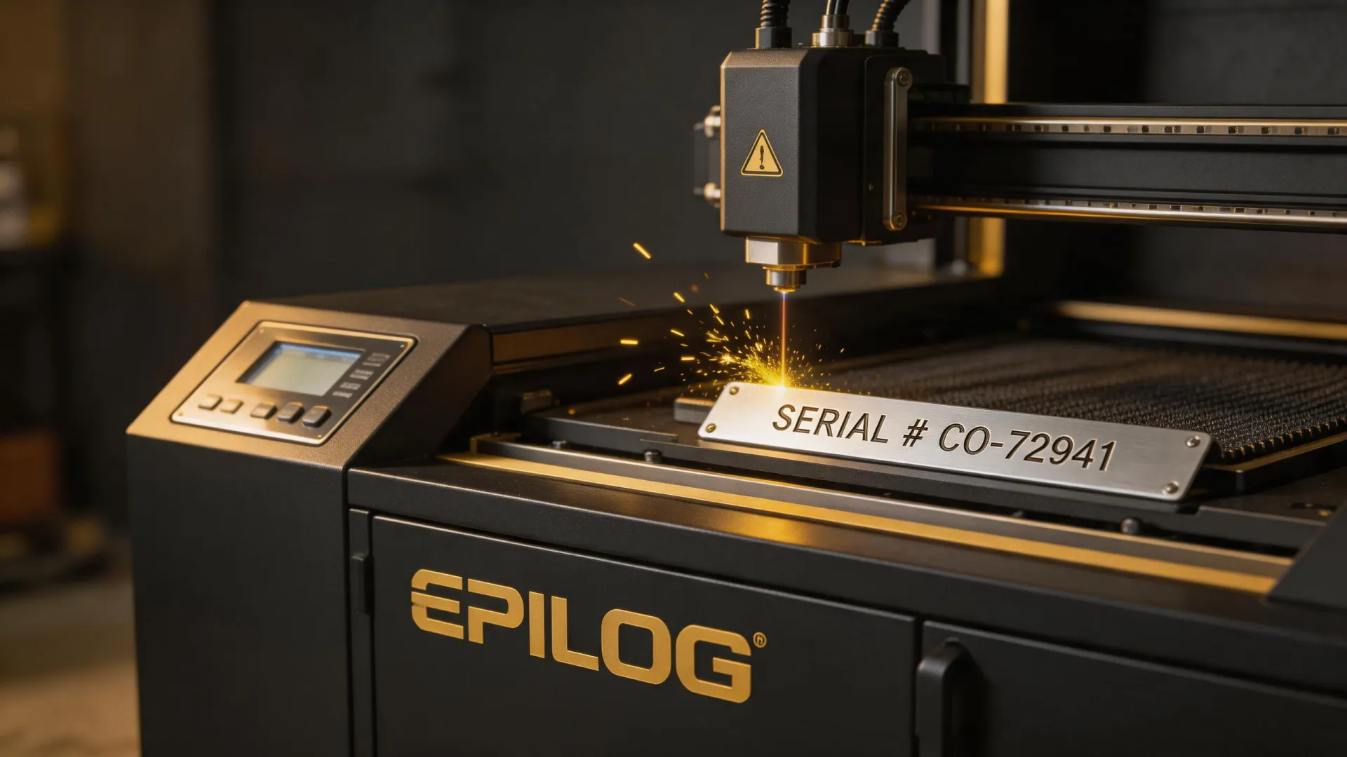 Epilog laser engraver operating on anodized aluminum nameplate, Golden Colorado engineering facility