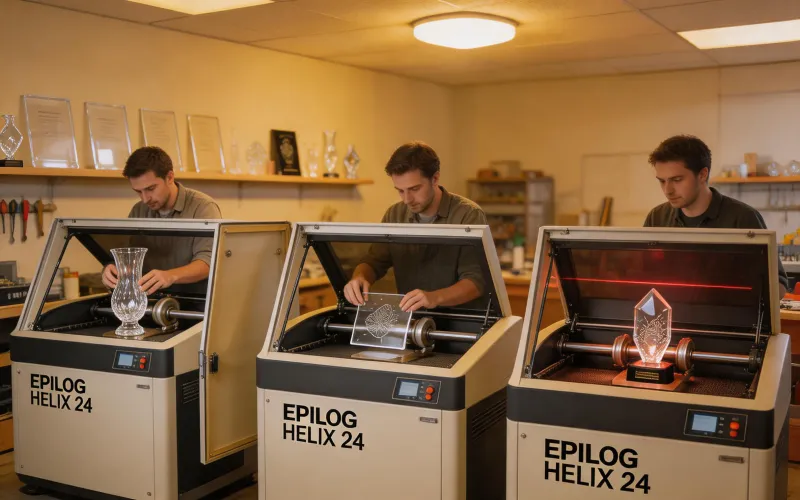 Awards production shop running Epilog Helix 24 for crystal and acrylic