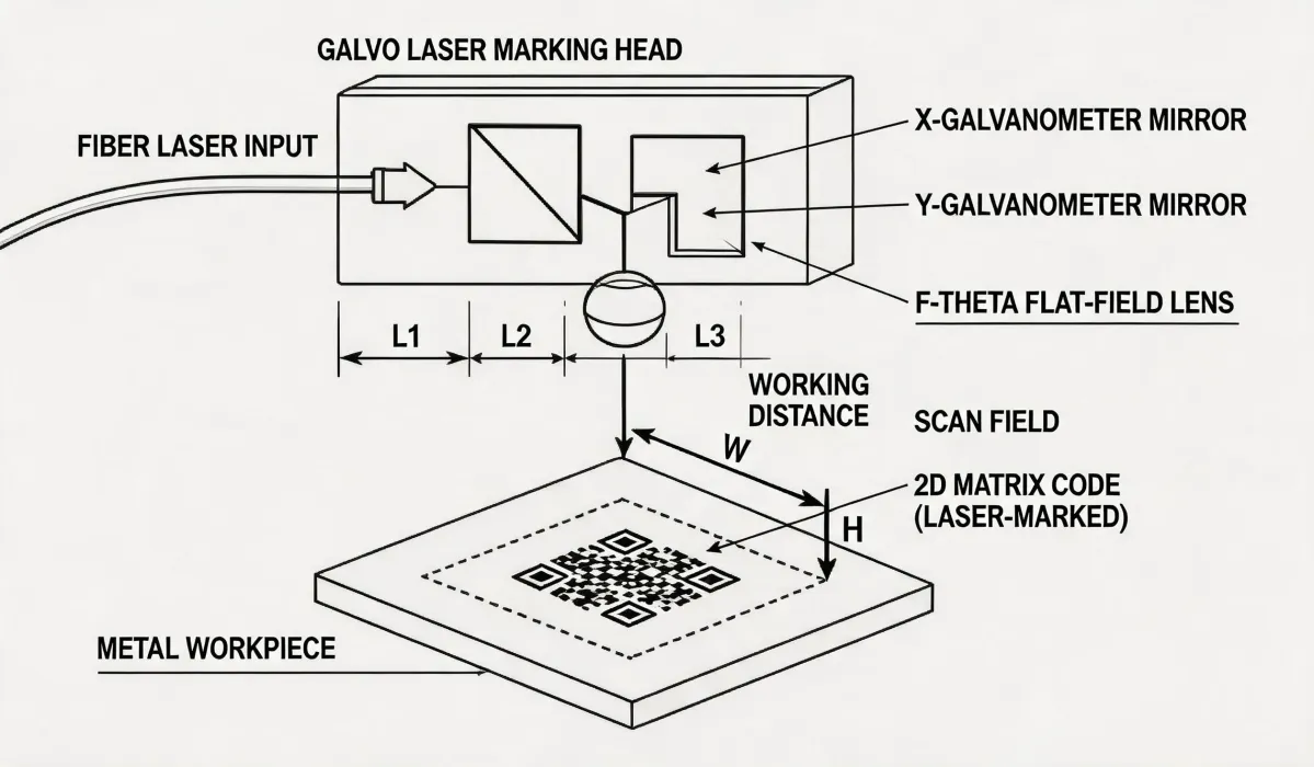 Galvo head scan field with f-theta lens
